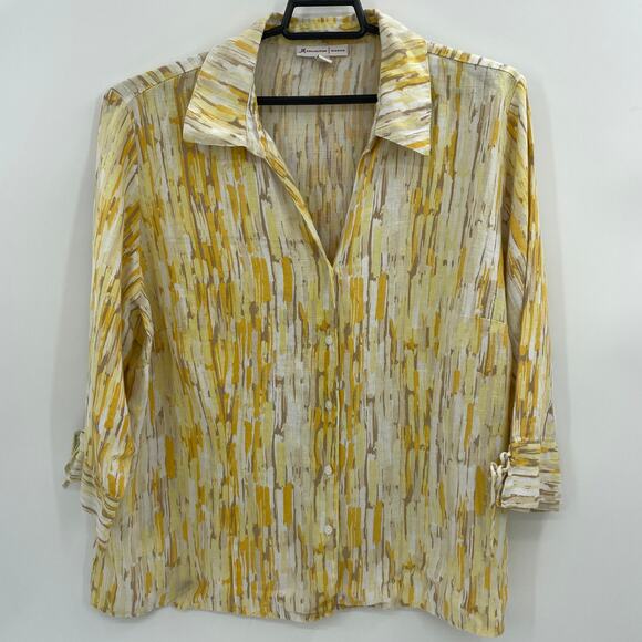 JM COLLECTION Linen Watercolor Print Top Size 20W Button Up 3/4 Sleeve Shirt - Picture 1 of 8